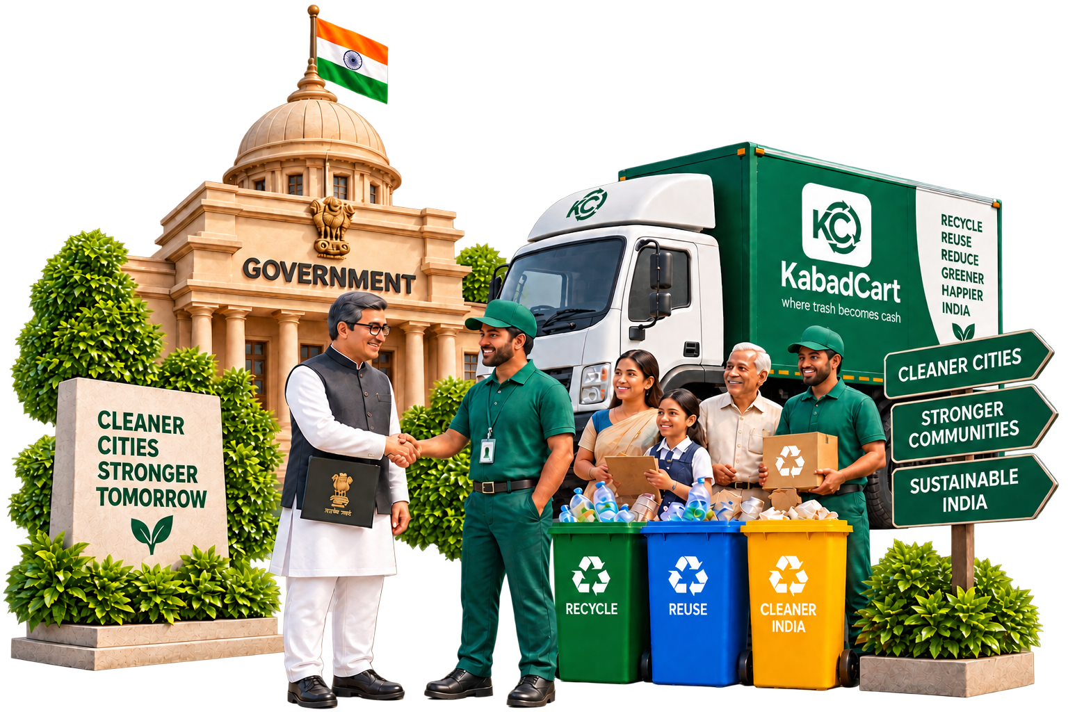 KabadCart team with a government official beside recycling bins